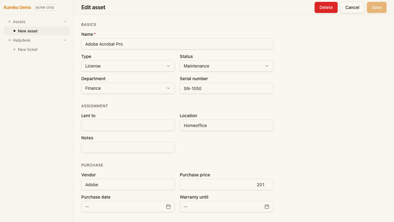 Asset-Tracker edit form